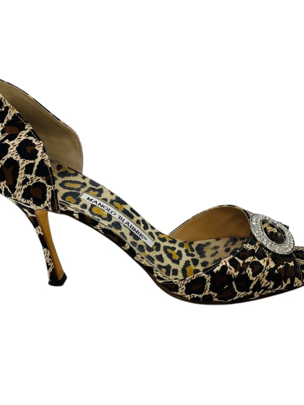 Manolo Blahnik Tan / Brown / Black Sedaraby Leopard Satin Crystal Buckle Peep To